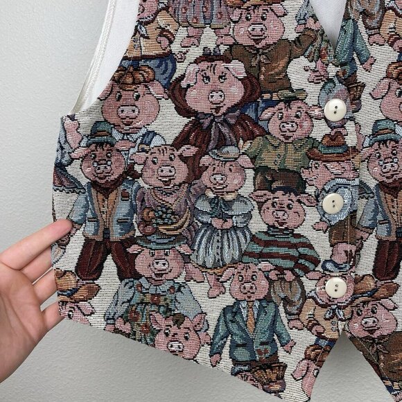 Vtg Facets By Mirrors Men's Medium Pig Print Tapestry Vest Quirky Piggy Button - Picture 5 of 16